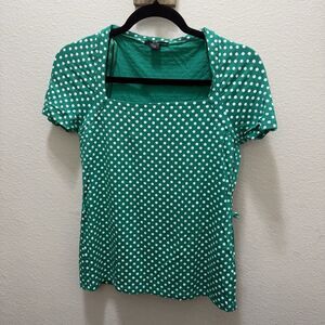 Majora Women's Top Sz M Green Polka Dots Short Sleeve Square Neck Blouse Stretch